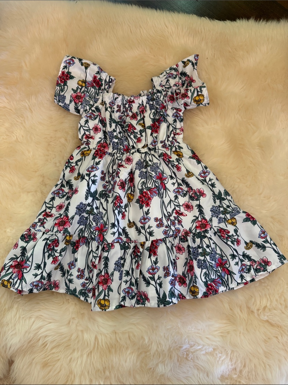 Janie and Jack White Floral Off-Shoulder Dress with Pink and Yellow Blooms